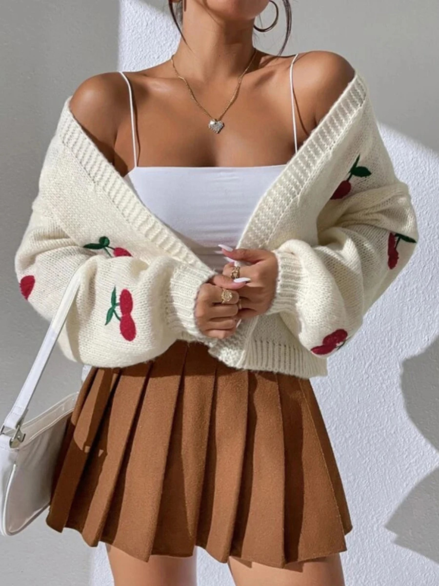 MALCIKLO Women s Open Front Loose Sweater Cardigan Cherry Embroidery Lantern Long Sleeve Cropped Jacket 241007