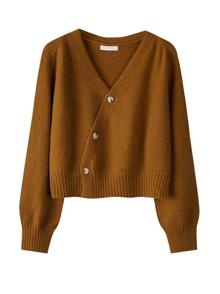 Autumn Winter Skew Button Cardigan Vneck Sweater Women Knitted Long Sleeve Tops Korean Loose Solid Cashmere for Woman 241007