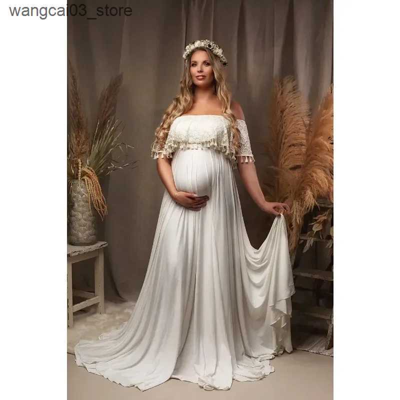 Maternity Dresses One Line Neckline Tassel Pregnant Woman Photography Dress Milk Silk Floor Mopping Pregnant Woman Photo Taking Long Dress L240910