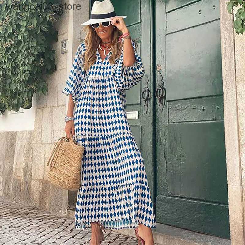 Maternity Dresses 5XL Puff Sleeve Boho Maxi Dress Summer Elegant Women Loose Casual Style Vacation Vestidos Drawstring V-Neck Long Beach Dresses L2409