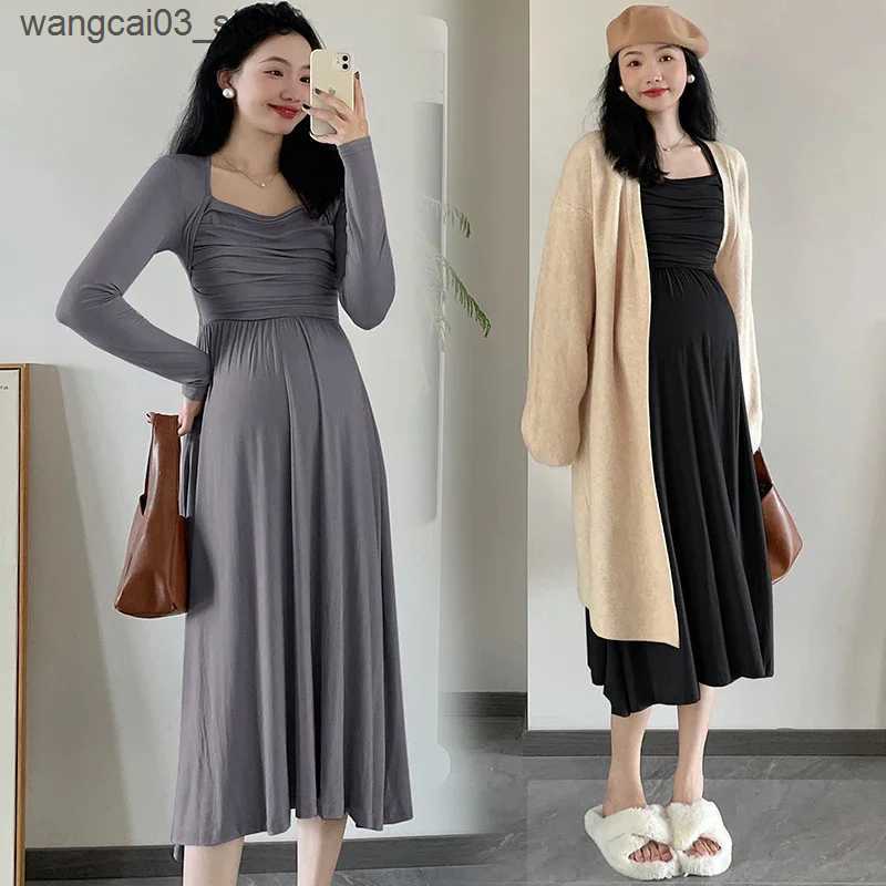 Maternity Dresses 2024 Spring Maternity Dresses Long Sleeve Square Collar High Waist Pregnant Woman Modal Dress Faux Two Pieces Pregnancy Clothes L240