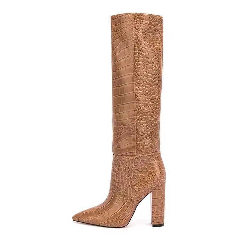 Women Fashion Boots Leather Womens Thick Heels Spring Autumn Crocodile Pattern Fashion Boots Thigh High Heels High Knee Boots Long Boots Fashion Shoes