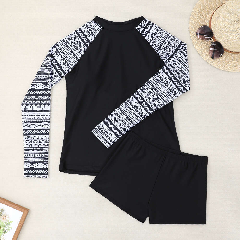 2024 New Split Women's Conservative Sports Long Sleeved Printed Panel Surfing Swimsuit