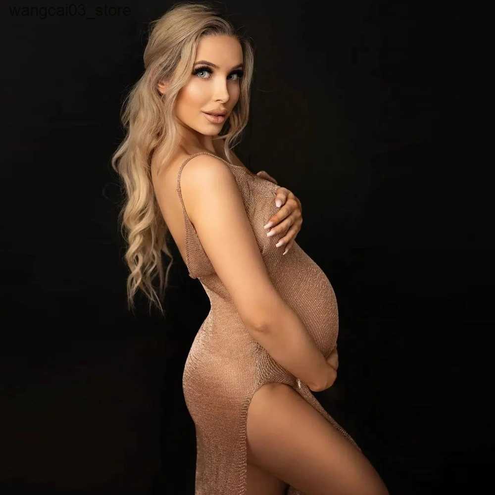Maternity Dresses Maternity Photography Props Dress V-neck Sling Champagne Knitted Mesh Maternity Dress Photo Shoot Photography Dress For Women L24091