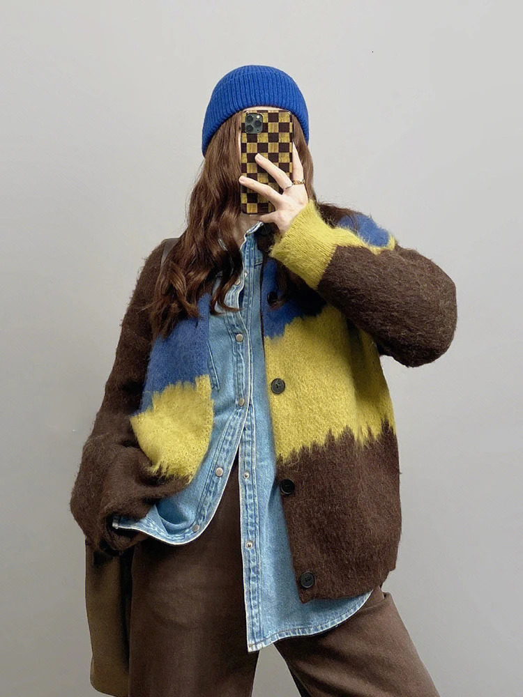 Jmprs Harajuku Vintage Cardigan Women Patchwork Korean Knitted Sweater Tops Lazy Wind Loose Casual Long Sleeve Coat 241007