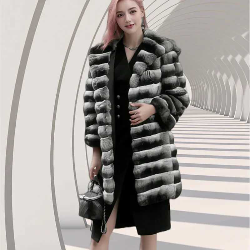 Womens faux fur coat hooded coat thick and warm elegant splicing autumn and winter 2024 striped mid length jacket casual open seam W241010