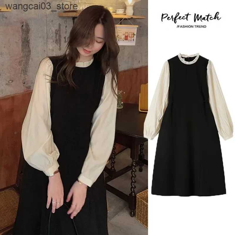 Maternity Dresses Maternity Stitching Fake Two-piece Clothes French Temperament Pregnancy Palace Sleeve Long-sleeved Dress 2024 Spring Autumn New L240