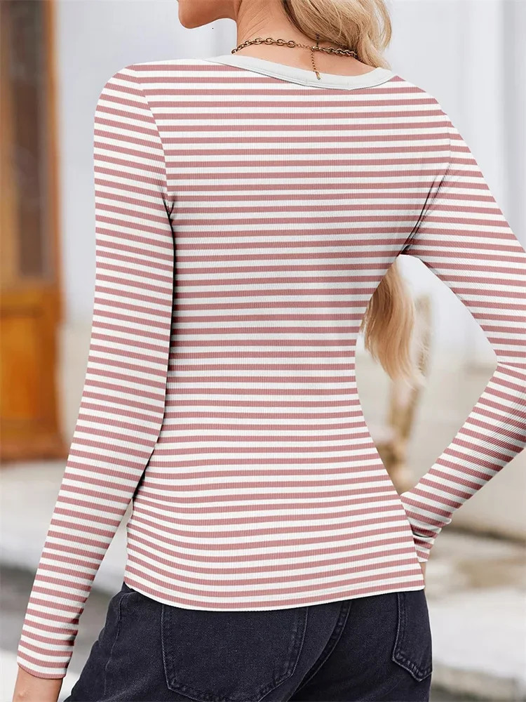 GuliriFei Women Striped Print T-shirts Crop Tops Long Sleeve Round Neck Low Cut Slim Fit Basic Tees Shirts Spring Fall Blouses 241011