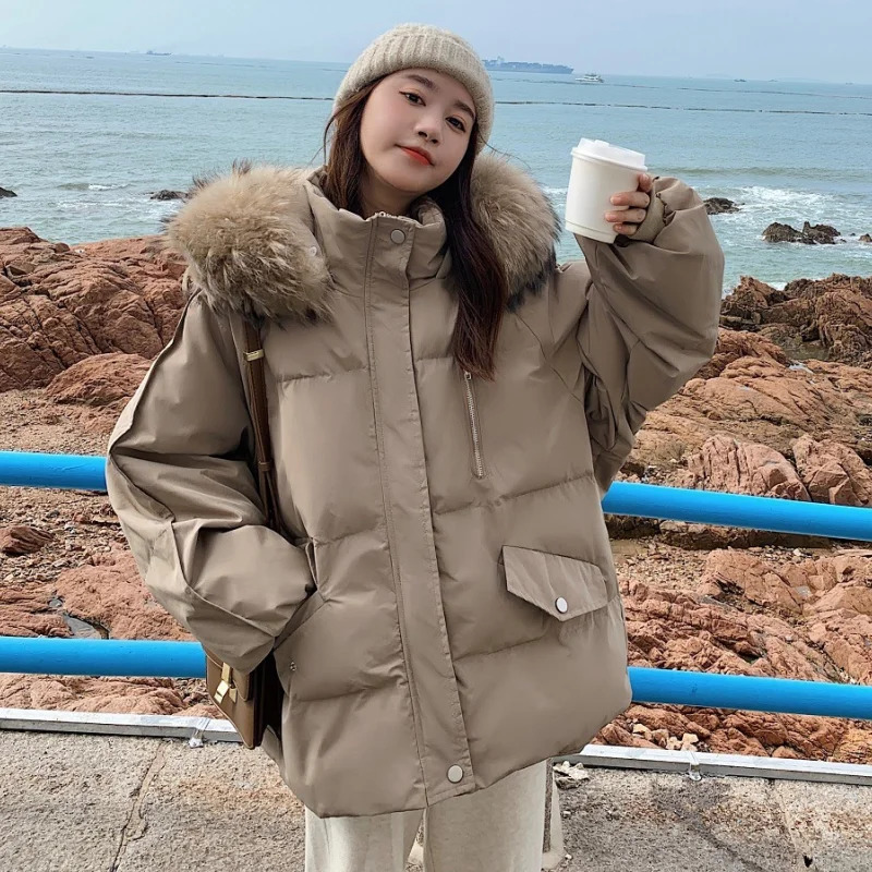 Khaki down jacket womens coat black hooded fashion American streetwear Y2K style duck down jacket womens winter short jacket 241009