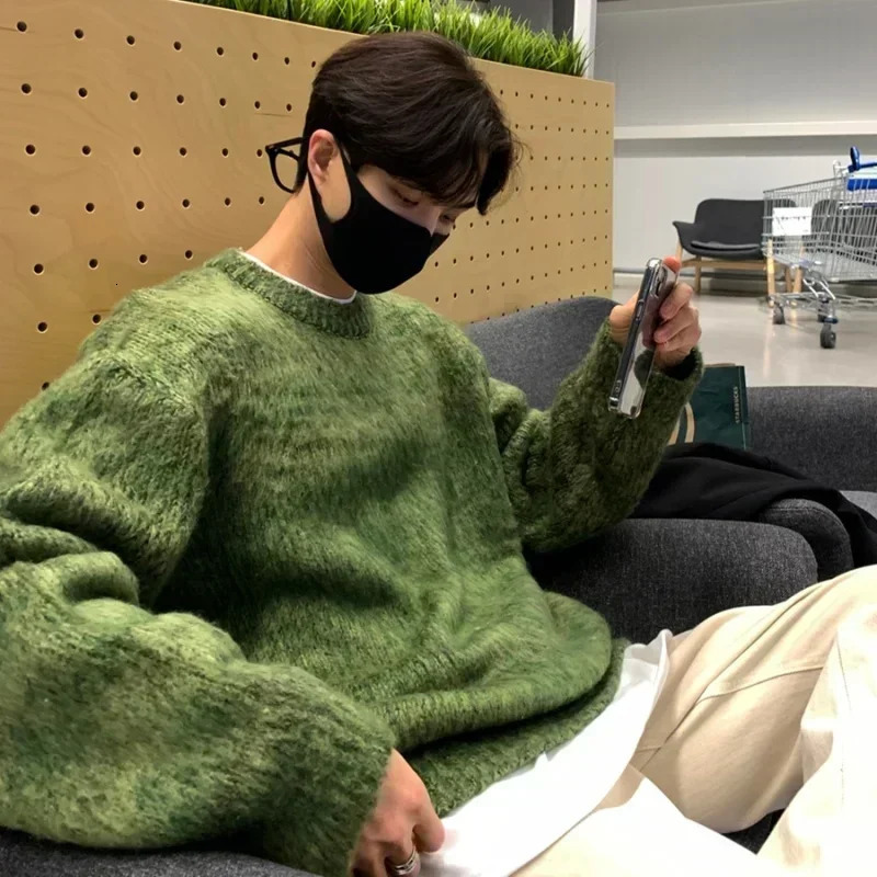 Green Mens Clothing Turtleneck Sweater Y2K Japanese Vintage Oversized Casual Pullover Knit Sweater Winter Korean Men Clothes 241007
