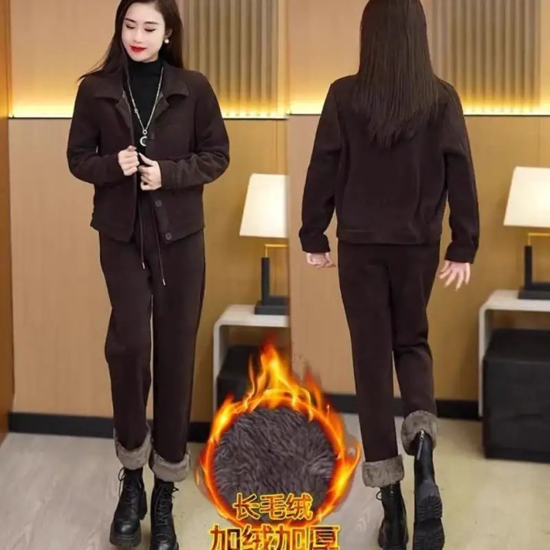 Winter plush thick set suitable for womens fashion Western style loose and weight loss age reduction casual twopiece 241008