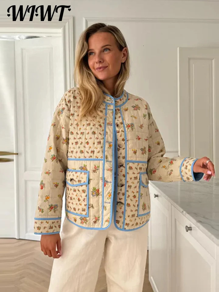 Printed patch work jacket womens loose O-neck single chest pocket jacket autumn/winter womens casual top 240927