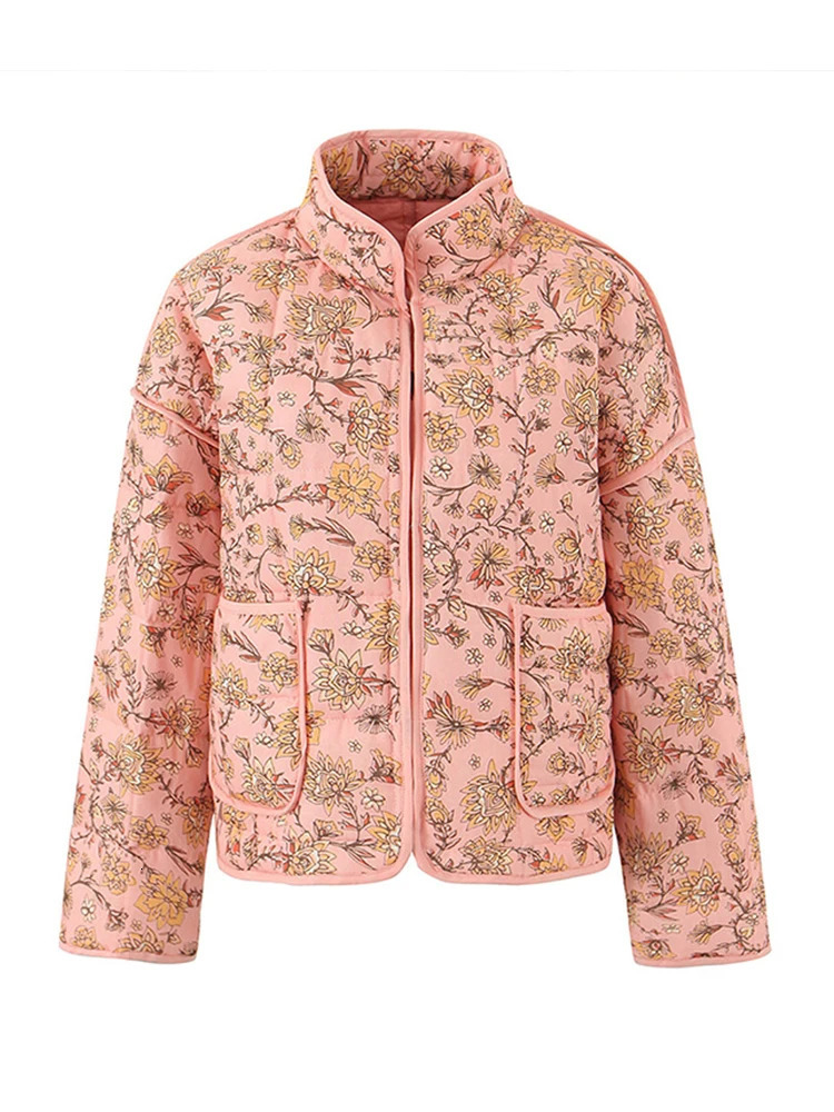 Fashionable floral print womens jacket casual stand collar long sleeved loose womens jacket winter womens jacket 240927