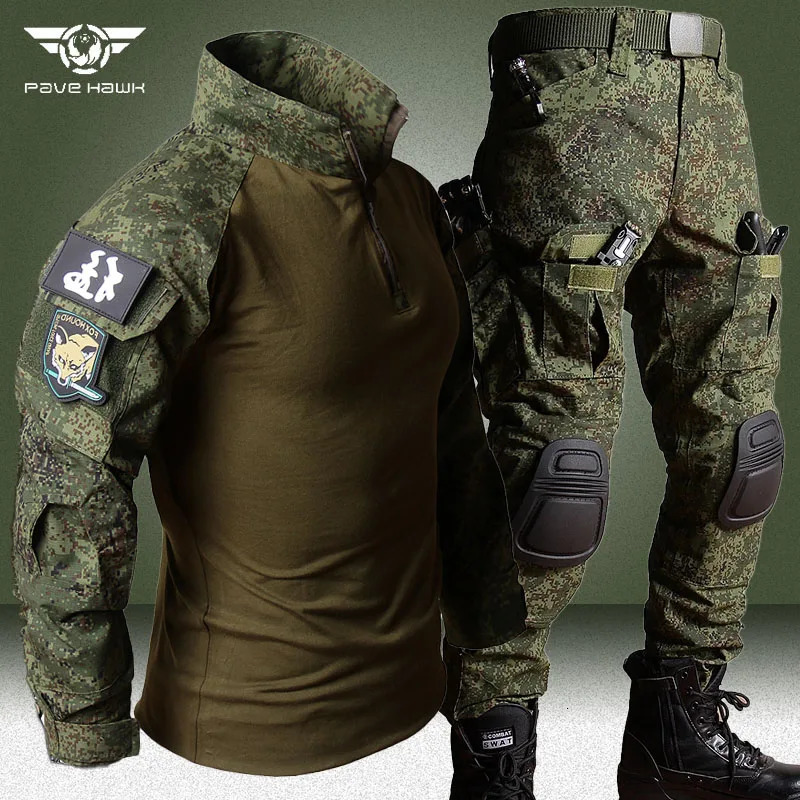 RU camouflage tactical set mens outdoor breathable long sleeved T-shirtmulti pocket straight cargo pants 2-piece set training combat set 240927
