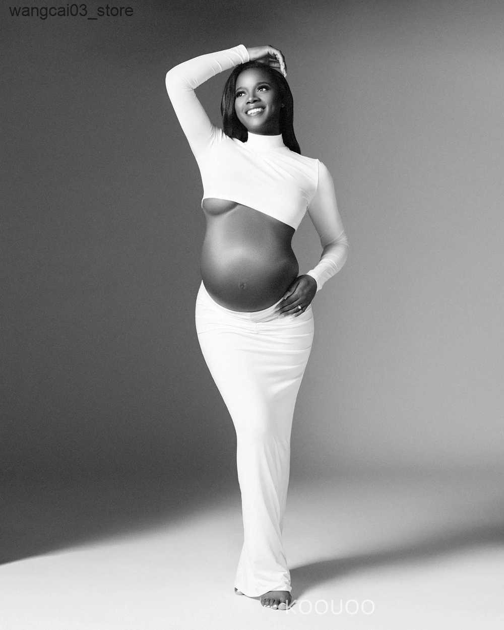 Maternity Dresses Maternity Photo ShootSolid Color Cutout High Neck Crop Top 2-in-1 Long Sleeve Bodycon Club Party Photoshoot Pregnancy Maxi Dress L24