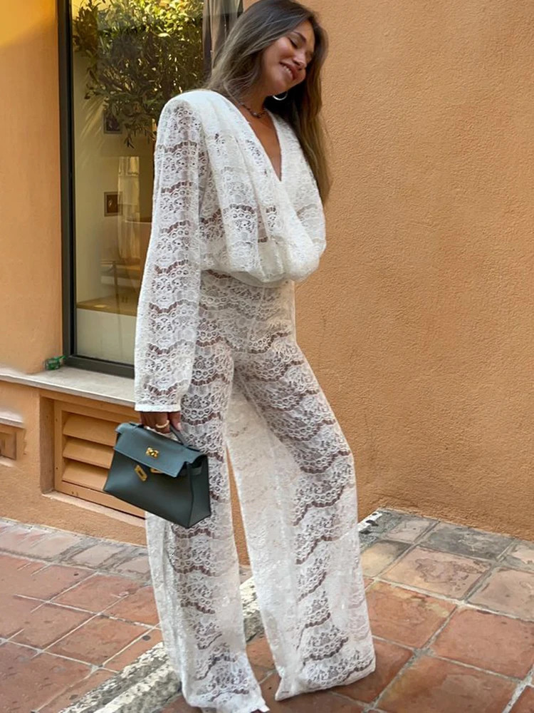 sexy deep See Through Lace Two Piece Sets womens long sleeved pants autumn solid cologant set