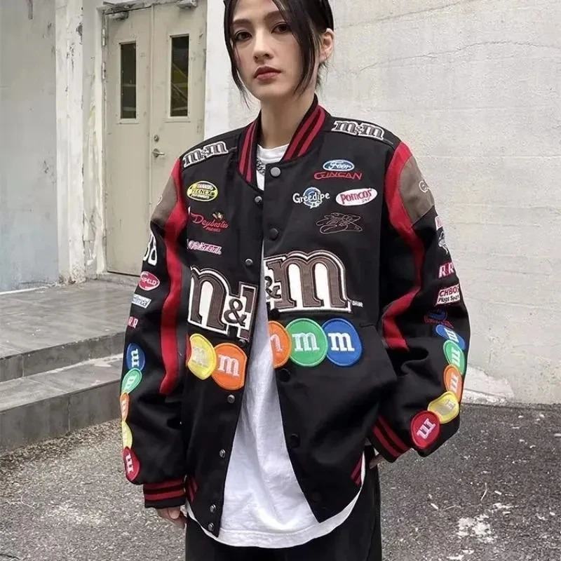 Bomber Jacket Women Hip Hop Letter M Embroidery Motorcycle Loose Casual Coat Unisex Street Racing Varsity Baseball Outwear 241011