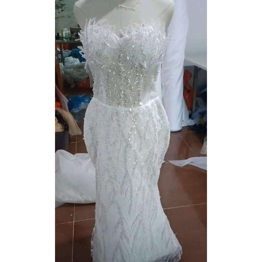 2024 Africa off shoulder Sleeveless Fish tail Bridal Sweetheart Sequins Crystals Beaded Mermaid Dress With Detachable Tail