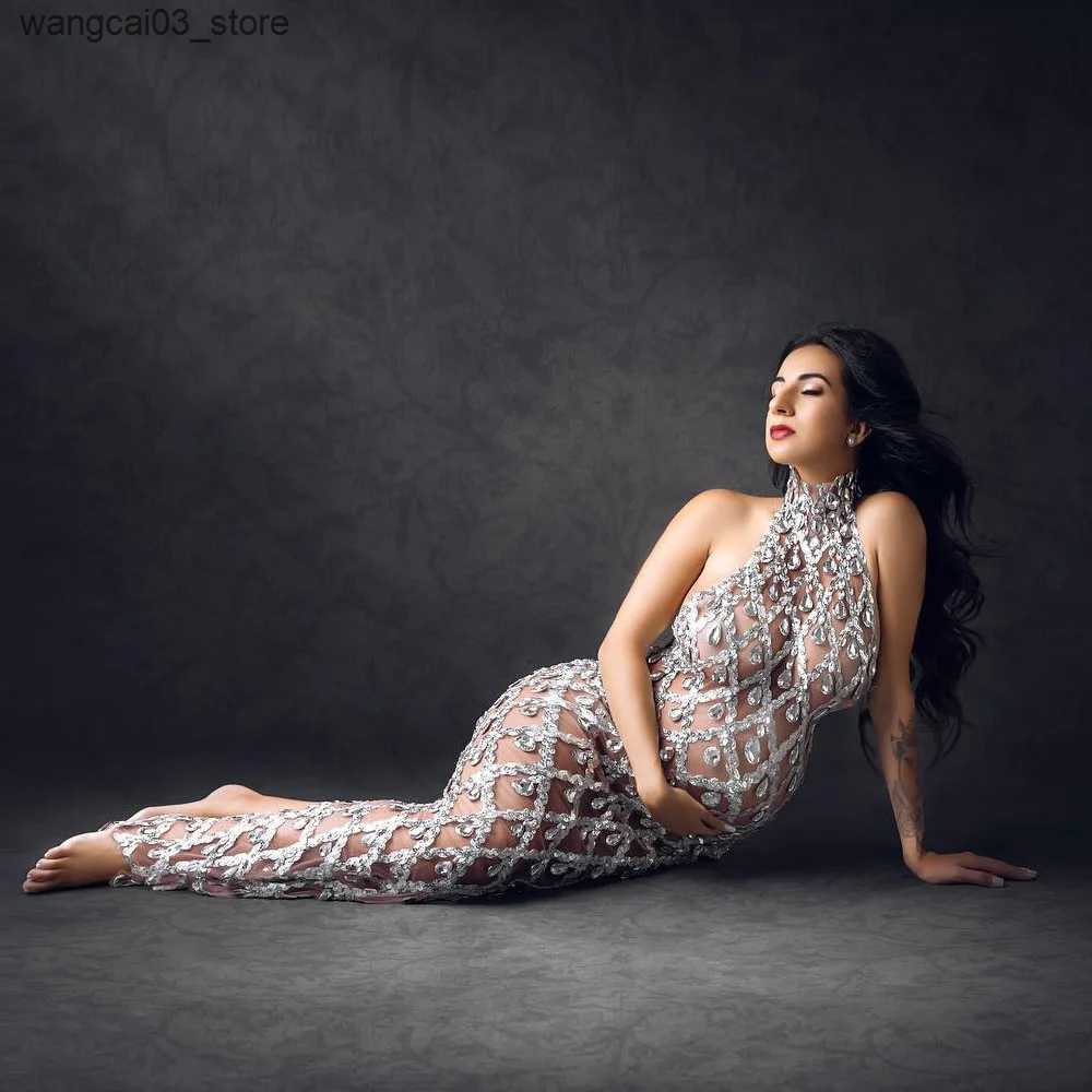 Maternity Dresses 2024 Sexy Tulle Crystals Maternity Photo Shoot Dress Luxury Sequins Rhinestone Bodycon Dress For Pregnancy Photography L240910