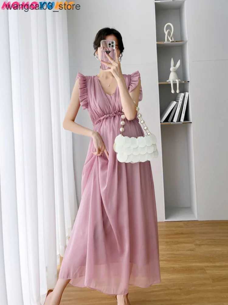 Maternity Dresses Summer Party Dresses Maternity Fairy Dress Petal Sleeve High Waist V-neck Pregnant Women Dress Sleeveless Princess Chiffon Dress L24