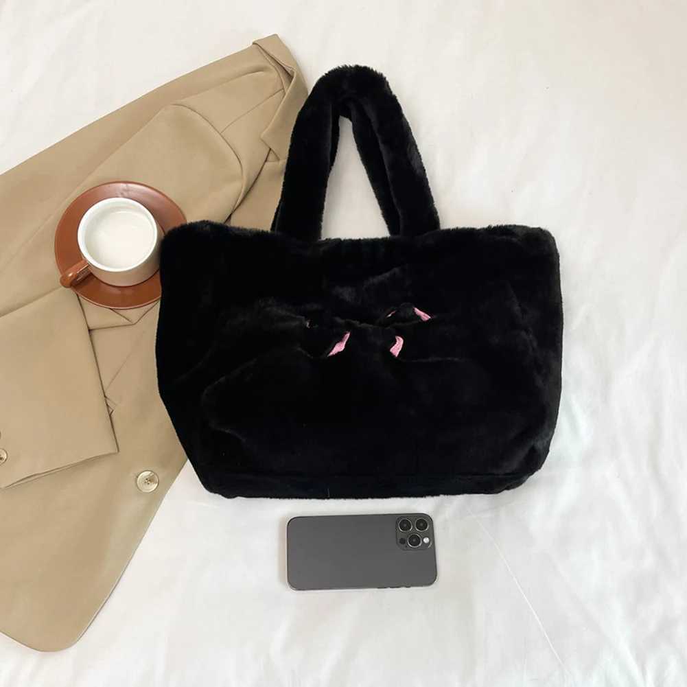 Ladies Plush Shoulder Bag Fuzzy Top Handle Large Capacity Slouchy Hobo Solid Color Fluffy Bow Handbag Daily Commuting 241011