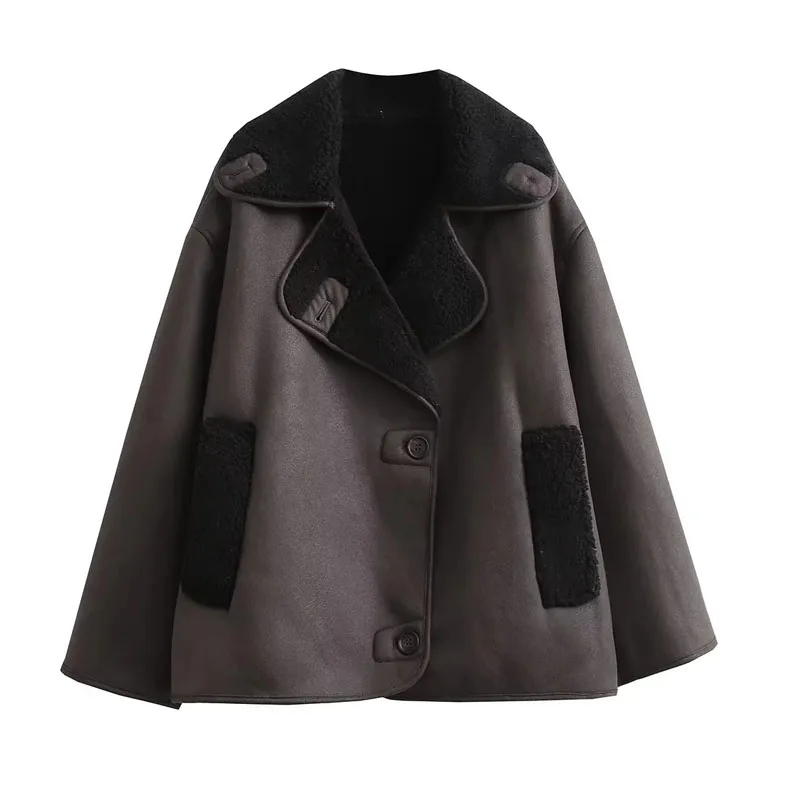 TRAF 2024 Woman Thick Faux Leather Jackets for Women Autumn Winter Warm Wool Blends Coats Demi-season Plush Jacket Outerwear