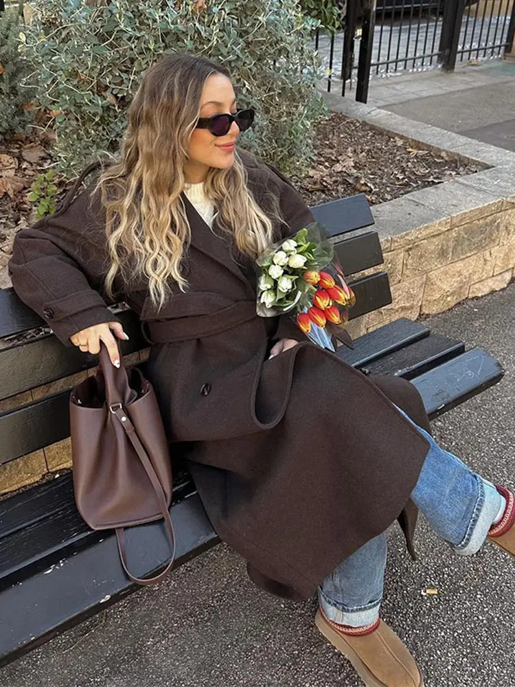 Elegant brown double-layer wool coat with belt womens long sleeved loose collar casual coat autumn warm business coat 241011