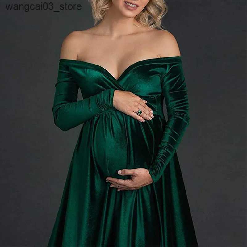 Maternity Dresses Velvet Maternity Dress Women Winter Long Sleeve Shoulderless Pregnant Ladies Robe Premama Photo Shoot Maxi Party Evening Dresses L24
