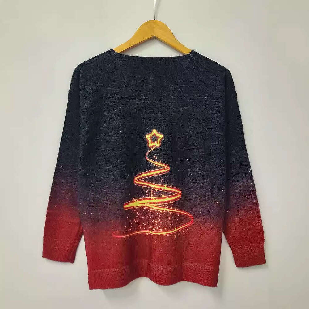 2024 Winter Digital Printed Sweater V-neck Front Short Rear Long Side Split Christmas Tree Line Print, Female
