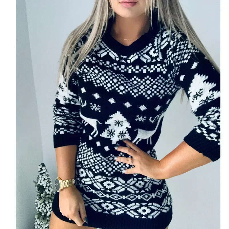 Autumn and Winter New Round Neck Sweater Women's Christmas Theme Snowflake Knitted Long Sleeve Dress Celebrations