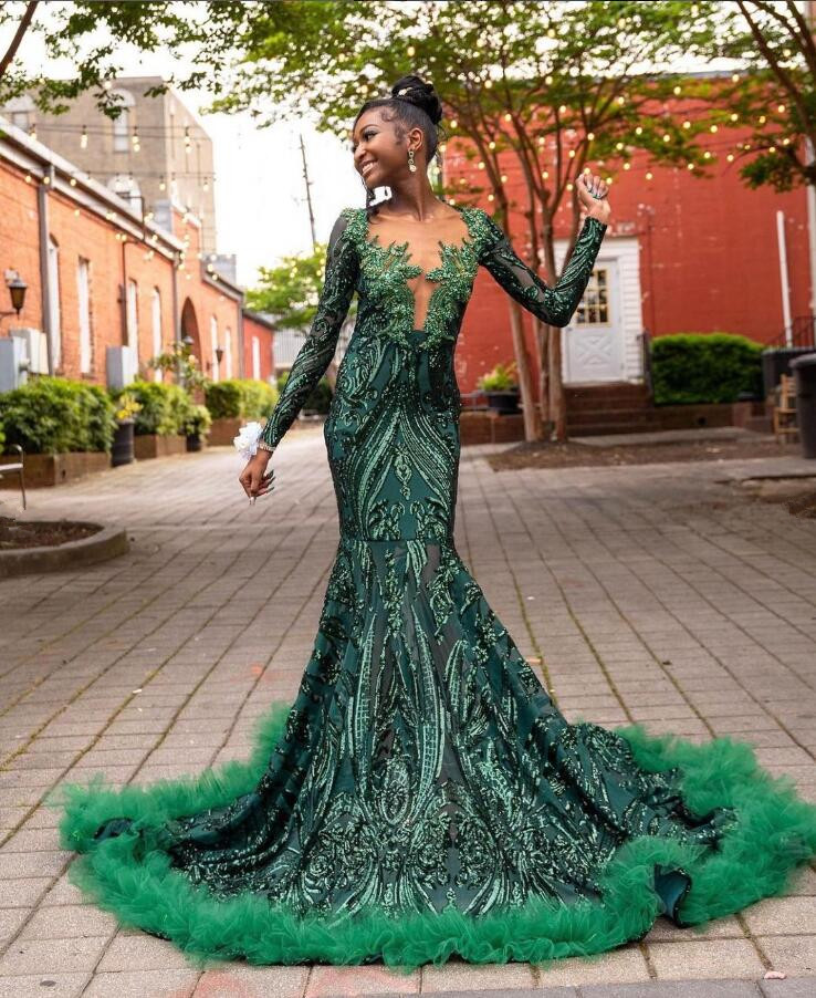 Sparkly Hunter Green Mermaid Evening Dresses for Black Girl Luxury Crystal Applique Long Sleeve Prom Birthday Gala Gown Sheer