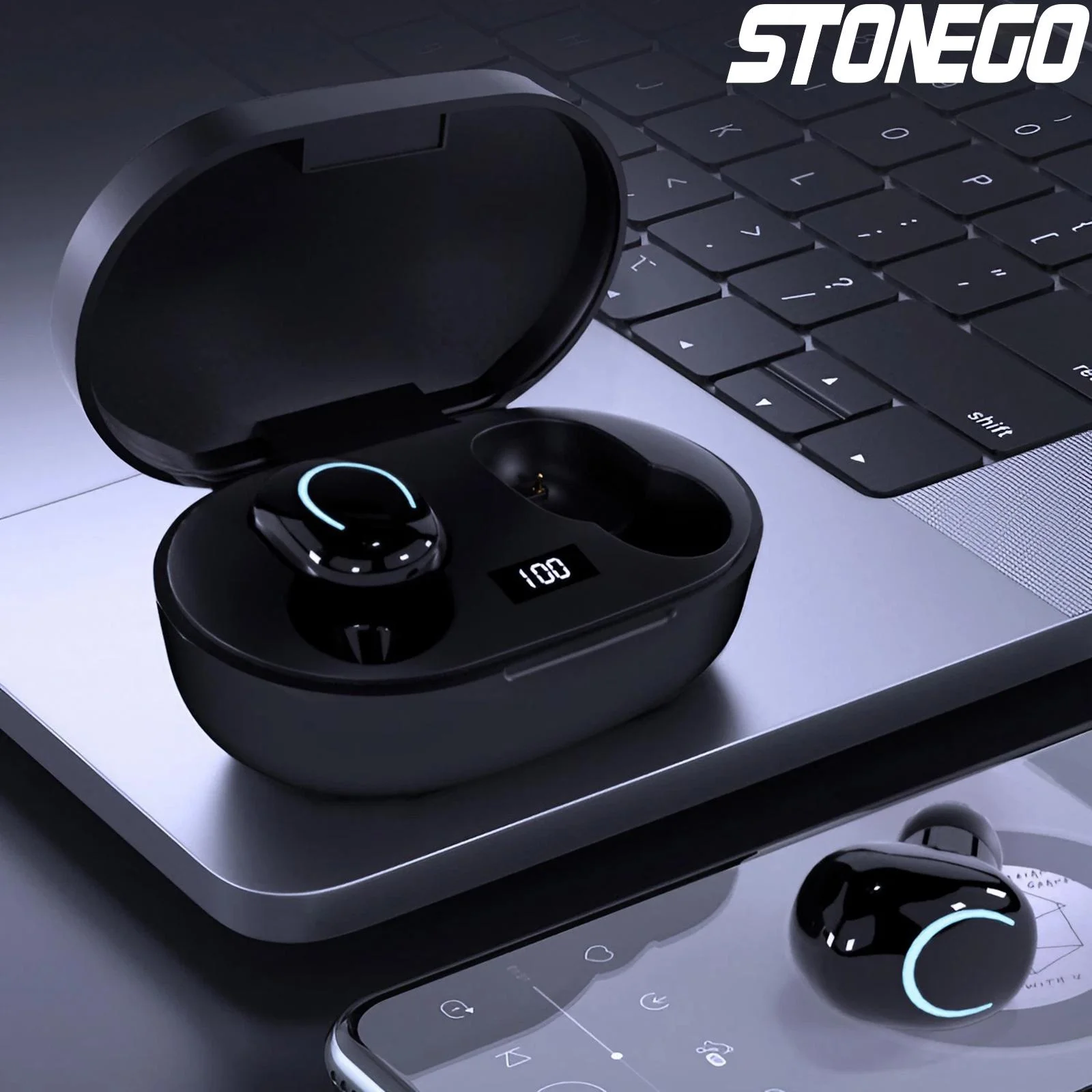 STONEGO 1PC Wireless Headphones, True Wireless Earbuds with Led Display Charging Case, HD HiFi Stereo, One-click Smart Control, Built-in Mic