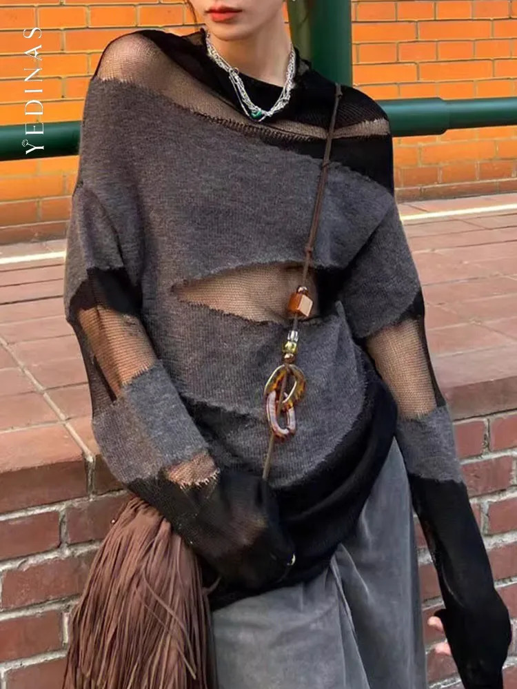 Yedinas Loose Patchwork Hollow Out Knitted Tops Long Sleeve Autumn Streetwear Thin Sweater Women Pullovers Ladies Jumper 241011