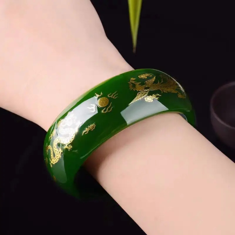 Natural Green Jade Bracelet Hand drawn Dragon Phoenix Heart Sutra Charm Exquisite Jewelry Talisman Round Bracelet 241007