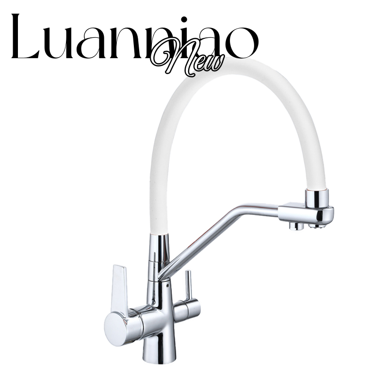 Kitchen faucet brass faucet hot and cold water faucet pure water faucet any retractable double handle faucet white tube