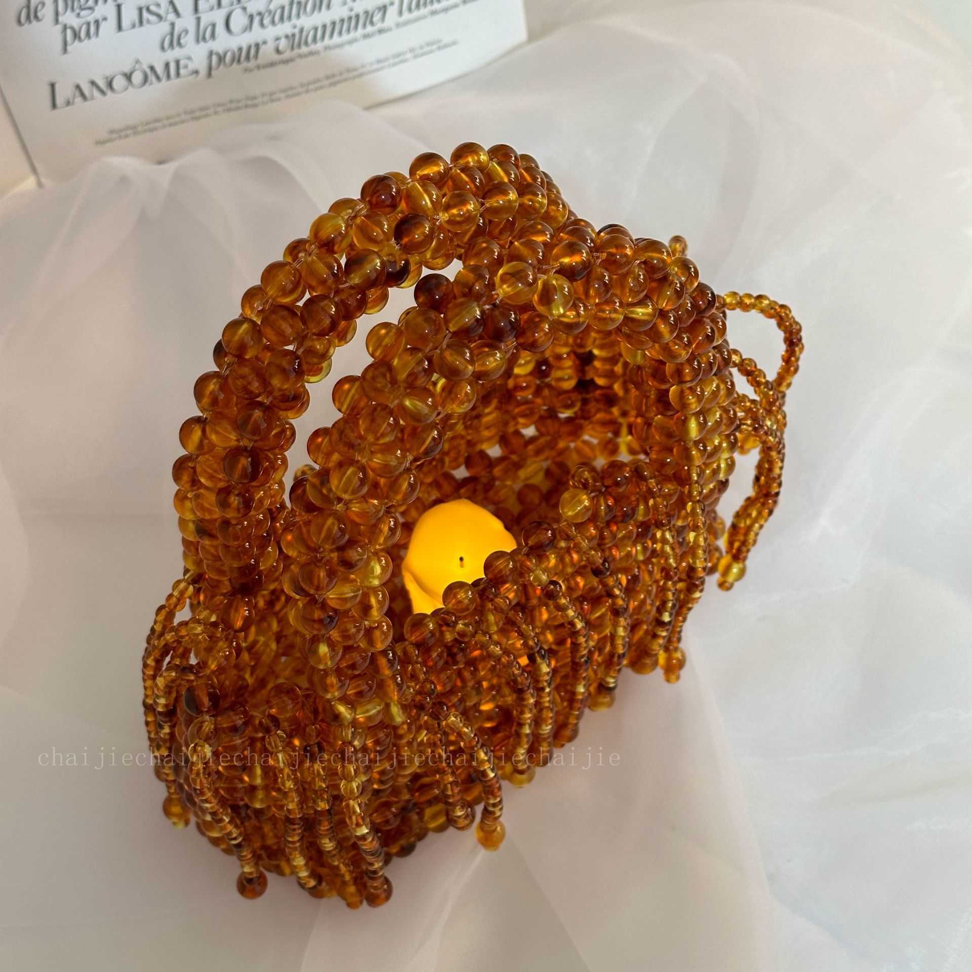 tone Amber Acrylic Cat Eye Bead Tassel Handmade Beaded Woven Bag Handbag 241015