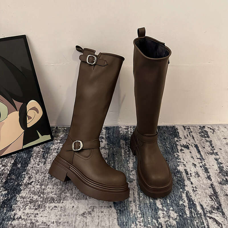 Designer Boot Versatile Thick Heel Tall Boots For Women 2024 Autumn/Winter New Style Belt Buckle Brown Small Thick Bottom Boots Knight Fashion Boots F