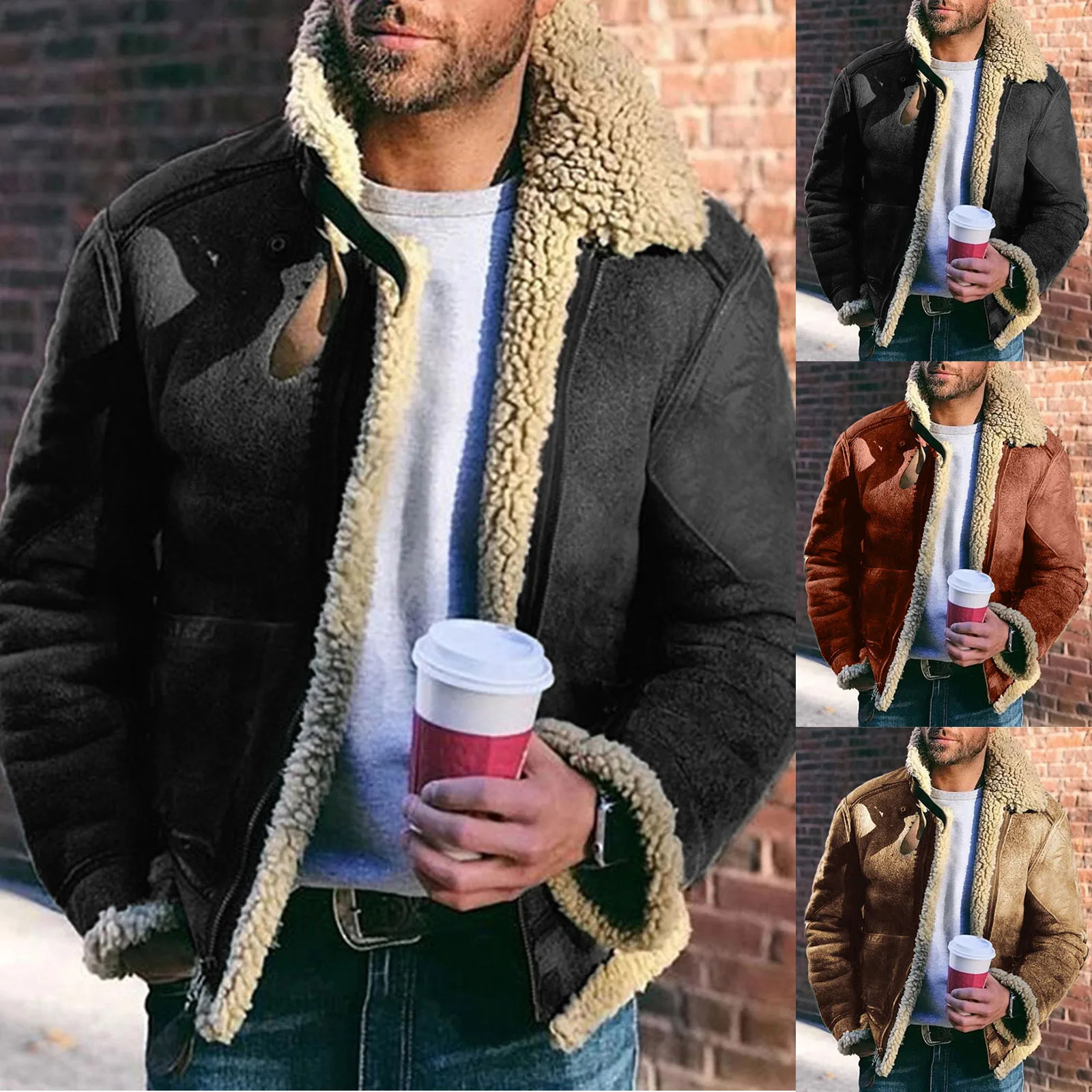 Mens Retro Handsome Zipper Jacket Leather Velvet Fur Integrated Long Sleeve Artificial Fur Thick Warm Jacket 240930