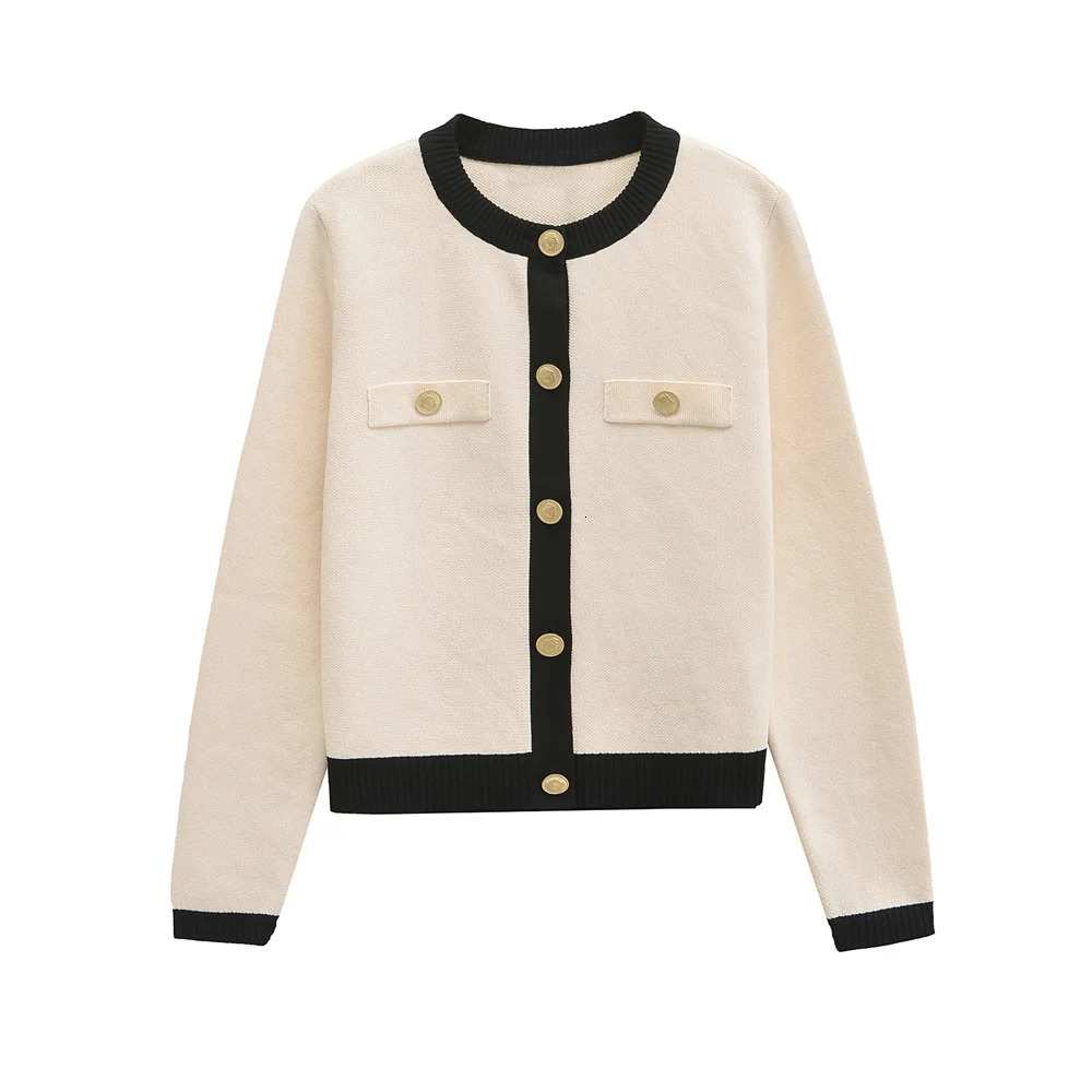 RARF Autumn European and American Breasted Long Sleeve Black White Round Neck Knitted Open Short Jacket 241010