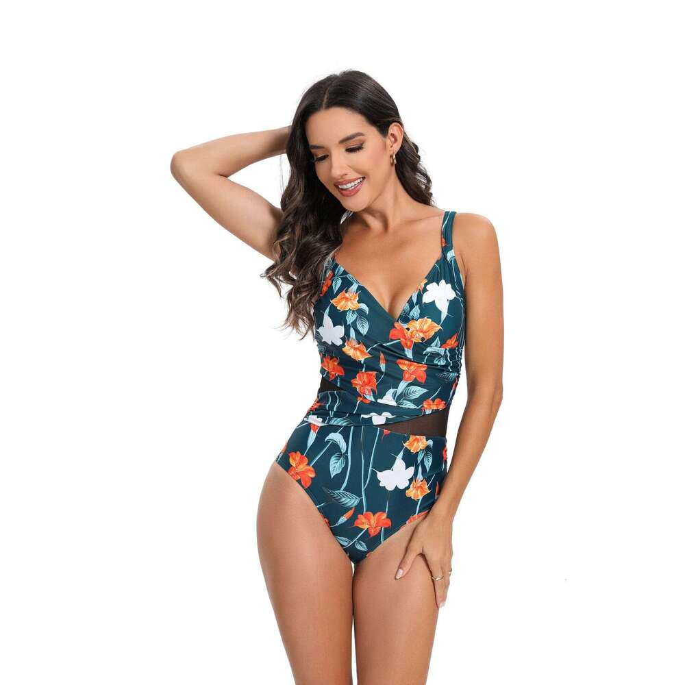 2024 New Printed One Piece Mesh Spliced Bikini Open Back Hollow Sexy Swimwear