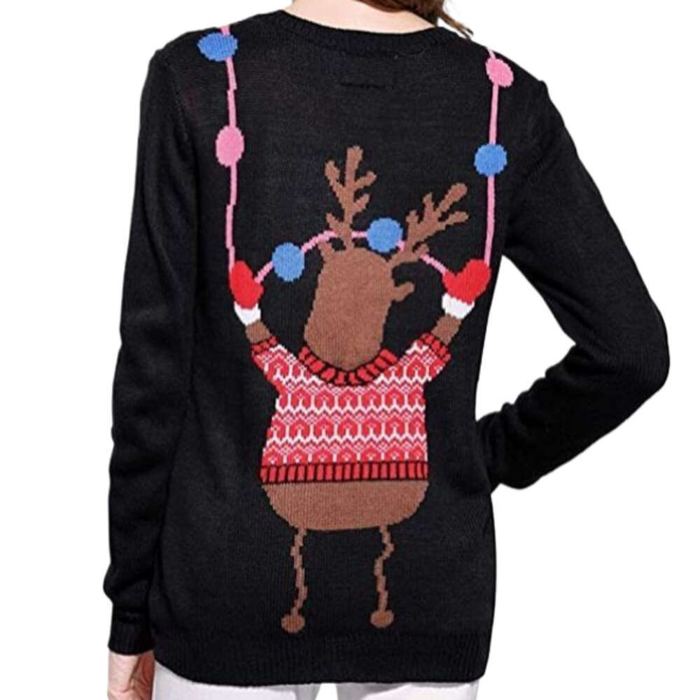 Cartoon jacquard reindeer Christmas sweater, round neck pullover, loose and lazy style women's knitted sweater