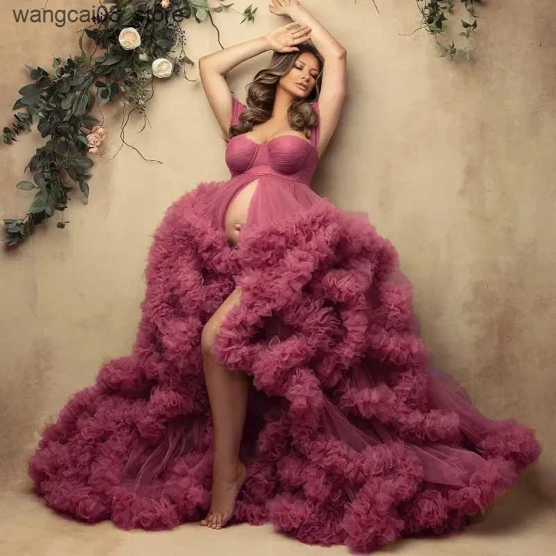 Maternity Dresses Romantic Off Shoulder Maternity Photoshoot Dress Front Slit Brown Tulle Prom Dresses Tiered Ruffles Boho Baby Shower Gown L240910