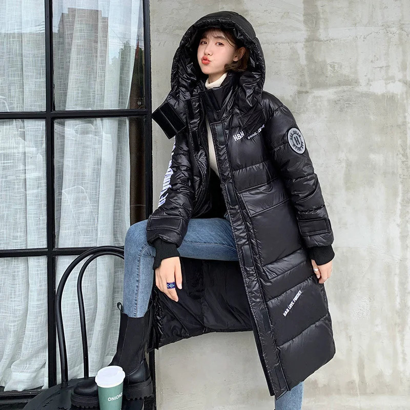 Womens shiny down cotton jacket winter Korean thick warm turtle neck Parka loose slim fit hooded for women 241010