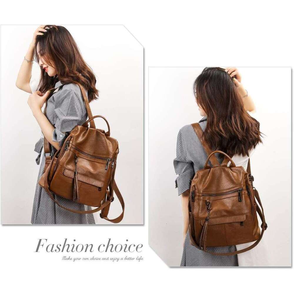Leather Backpack Purse for Women Fashion PU Large Shoulder Bag Tassel Rucack Ladies Tote Handbag