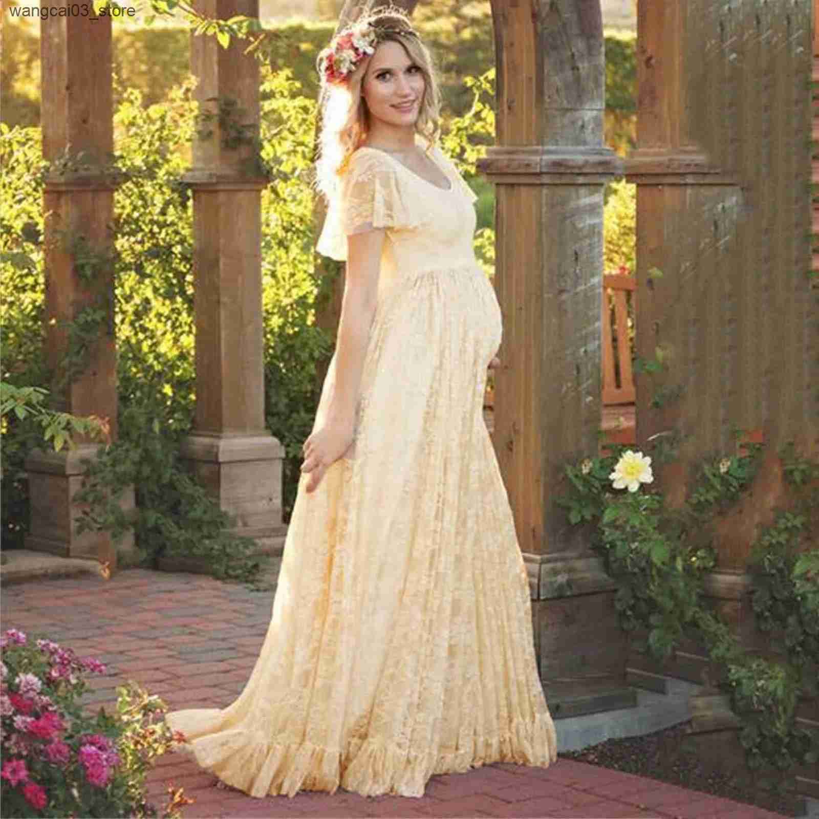 Maternity Dresses Maternity Lace Dress Womens Pregnancy Ruffles Short Sleeved Long Dress Elegant Photography Solid Color Dress PhotoShoot Dress L24091