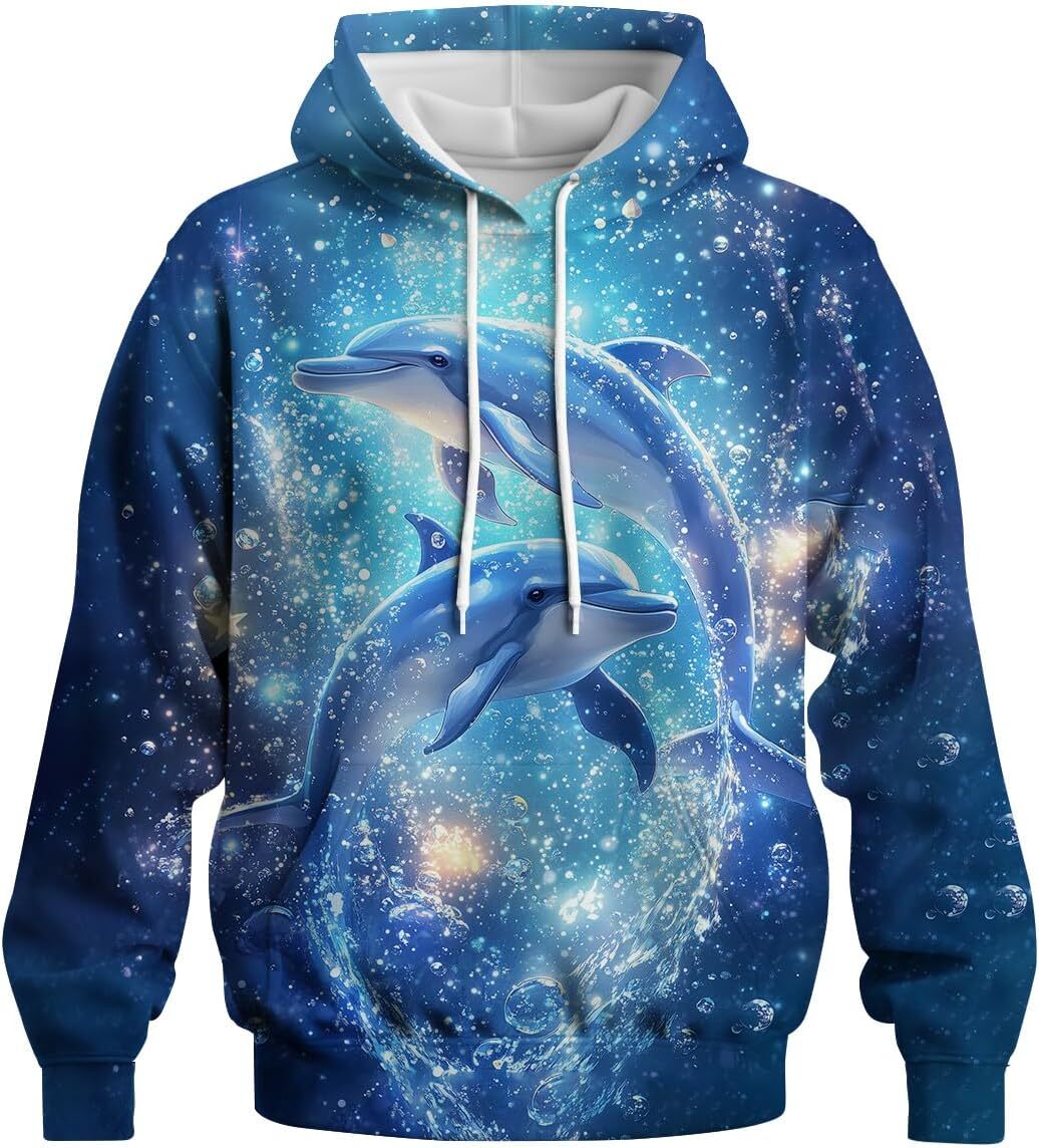 Hoodie for Mens Womens Unisex Novelty Dolphin Print Hoodie for Men Women Animal Graphic Hoodies Sweatshirt Pullover Casual Hooded Graphic