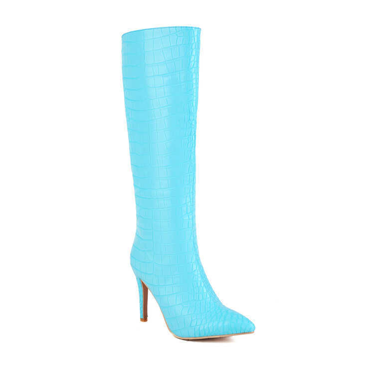 Winter Pointed Fashion Boots Thin Heel High Heel Boot Crocodile Sleeve Large Knee High Boots Leather Women Woman Shoes 240826