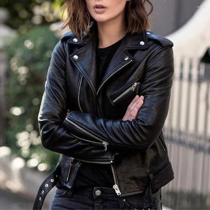 Women's Leather Simple Long Sleeve Zipper Coat With Belt Autumn Winter Women Jacket Turndown Collar For Outdoor