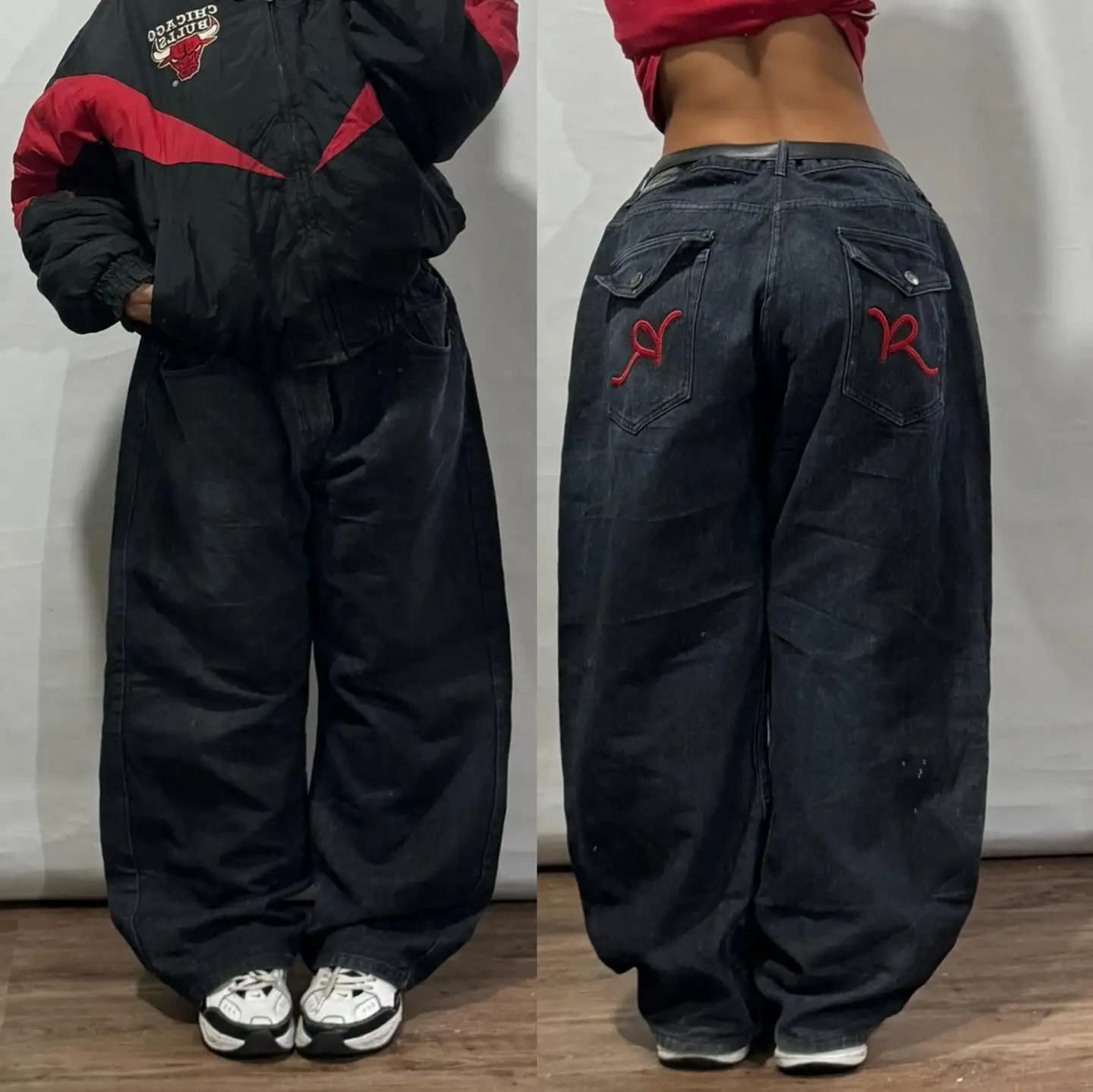 American Retro Skeleton Wing Embroidered Pocket Jeans for Men and Women Y2K Harajuku Hip Hop Gothic Wide Troy Streetwear 240930