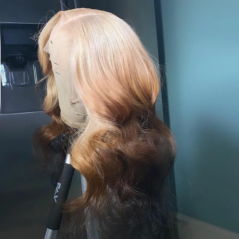 24-26 inch European and American women's lace front wig Simulation human hair blonde gradient brown long curly hair medium split chemical fiber h